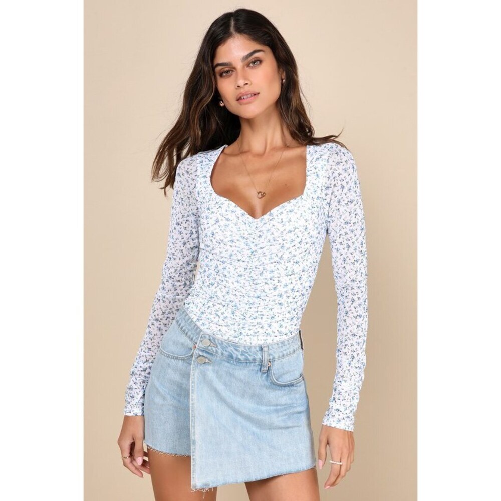 Lulus Adoring Desire White Floral Print Mesh Ruched Bodysuit - Size M